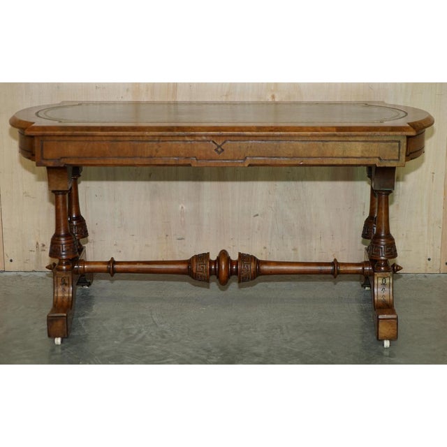 Antique Carved Burl Walnut and Green Leather Coffee Table, 1880 For Sale - Image 16 of 18