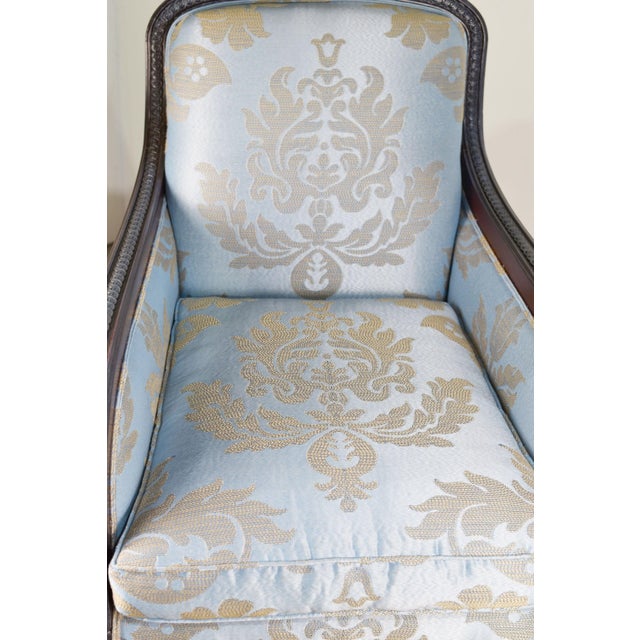 Gray Vintage Blue-Gray Satin Damask Lounge Chair For Sale - Image 8 of 12