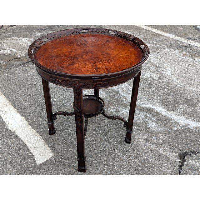 Large Antique Mahogany Two-Tier Round Parlor Table With Hand-Carved Supports For Sale - Image 4 of 7