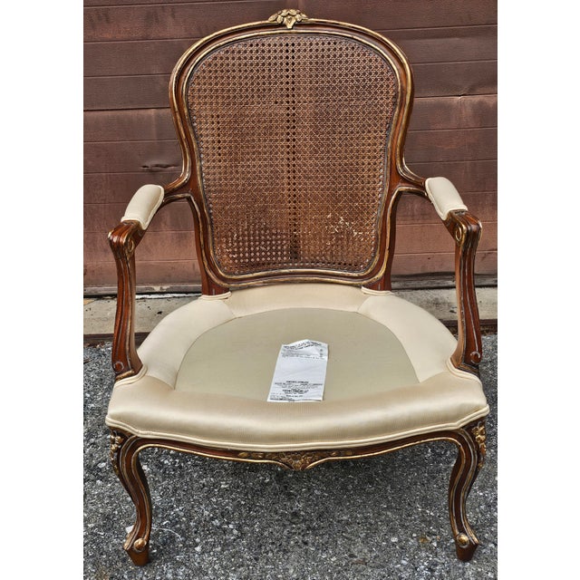 Late 20th Century Pair Century Furniture Lpuis XV Style Walnut Cane Back and Upholstered Fauteuils For Sale - Image 11 of 12