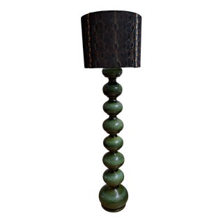 Large German Floor Lamp with Green 8-Ball Column and Handmade Fabric Shade, 1970s For Sale