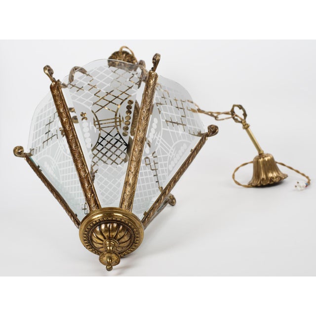 1950s Large Brass & Etched Glass Hall Lantern Ceiling Light For Sale - Image 10 of 12