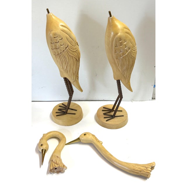 Hollywood Regency Pair Italian Hollywood Regency Carved Wood, Brass & Iron Heron Sculptures, C1980 For Sale - Image 3 of 11