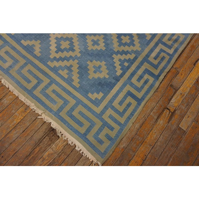 1930s Blue Geometric Tribal Antique Indian Cotton Dhurrie Rug 10' X 12'2" Flatweave Carpet For Sale - Image 11 of 11