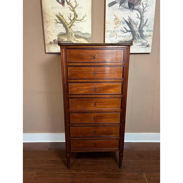 French Country Antique French Chest of Drawers Semainier Louis XVI White Marble Mahogany C1900 For Sale - Image 3 of 18