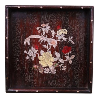 Vintage Chinese Zitan Wood Tea Tray | Mother-of-Pearl Inlaid Bird & Flower Motif For Sale