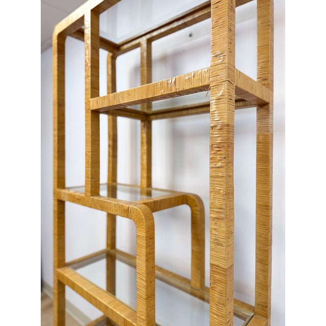 Coastal Etagere Rattan Wrapped Milo Baughman Style Five Tier Glass Shelf MCM For Sale In Tampa - Image 6 of 15