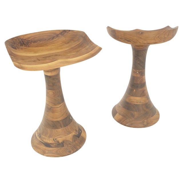 2010s Turned Bases Carved Seat Solid Oiled Walnut Bar Stools MINT! For Sale - Image 5 of 14