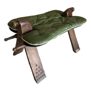 Vintage Moroccan Style Tufted Green Leather Camel Saddle Footstool - Ottoman For Sale