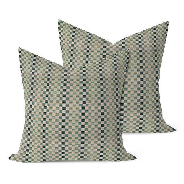 Pair of handcrafted pillows fashioned with Scalamandre in Aquarelle fabric on the front and backed in a flax colored...