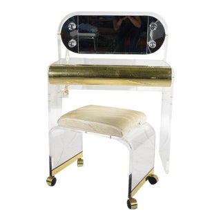 1970s Lucite & Brass Vanity and Stool Set For Sale