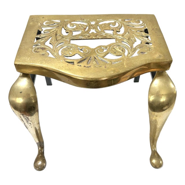 Antique English Brass Fireplace Footman Stool – 19th Century Footstool With Cabriole Legs For Sale