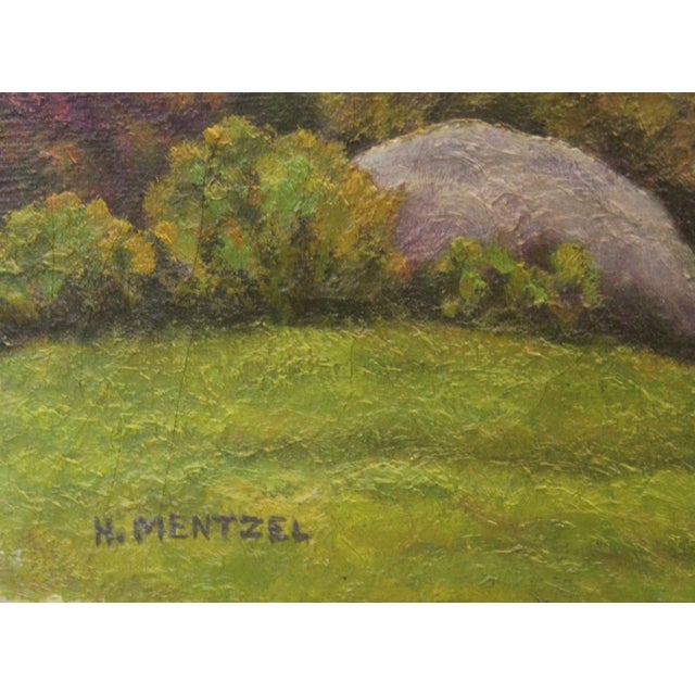 Idyllic pastoral landscape painted in bright pastel toned colors. Signed by H. Mentzel in the bottom left corner.