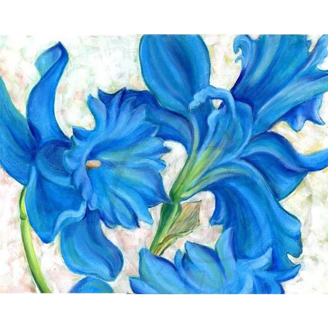 Blue Daffodils, Original Floral Summer Oil Painting by Kathleen Ney, Blue and White For Sale