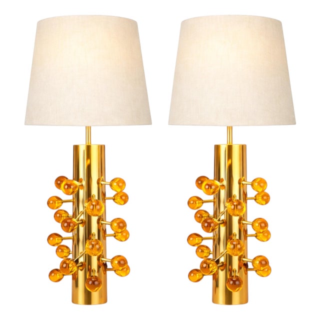 Table Lamps in Polished Brass and Amber Glass from Justfurnituress SRL, Set of 2 For Sale
