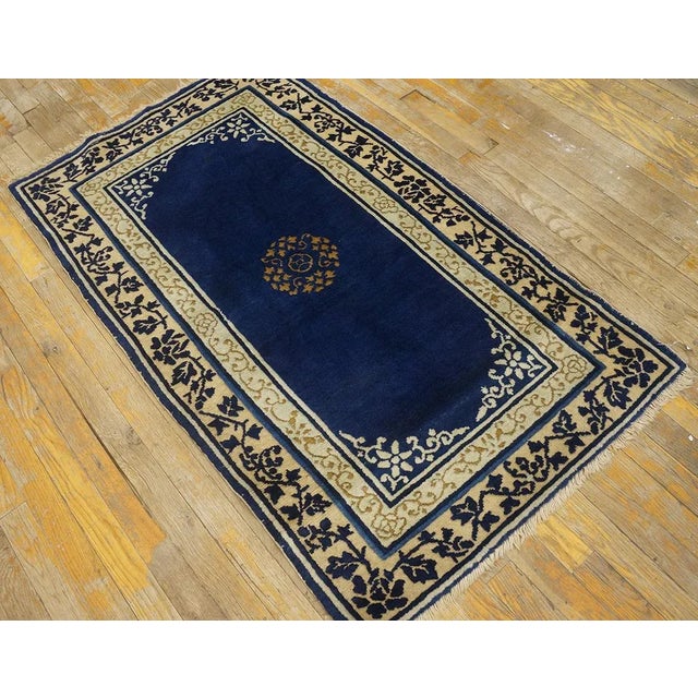 1920s Navy Blue Floral Medallion Antique Chinese Peking Rug 2' 7'' X 4' 2'' Wool Knotted Carpet For Sale - Image 10 of 11