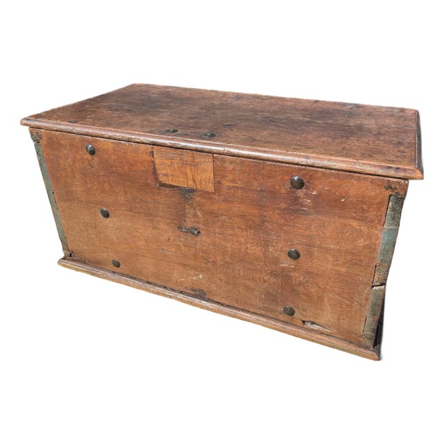 Early 19th Century Primitive Petite Handcrafted Wood Chest With Iron Hardware, Nailhead Details & Aged Paint For Sale