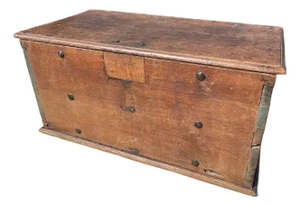 Early 19th Century Primitive Petite Handcrafted Wood Chest With Iron Hardware, Nailhead Details & Aged Paint