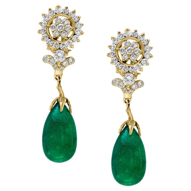 GIA Certified 28 Ct Emerald Cabochon & Diamond Drops Hanging Earrings 14 KYG For Sale - Image 15 of 18