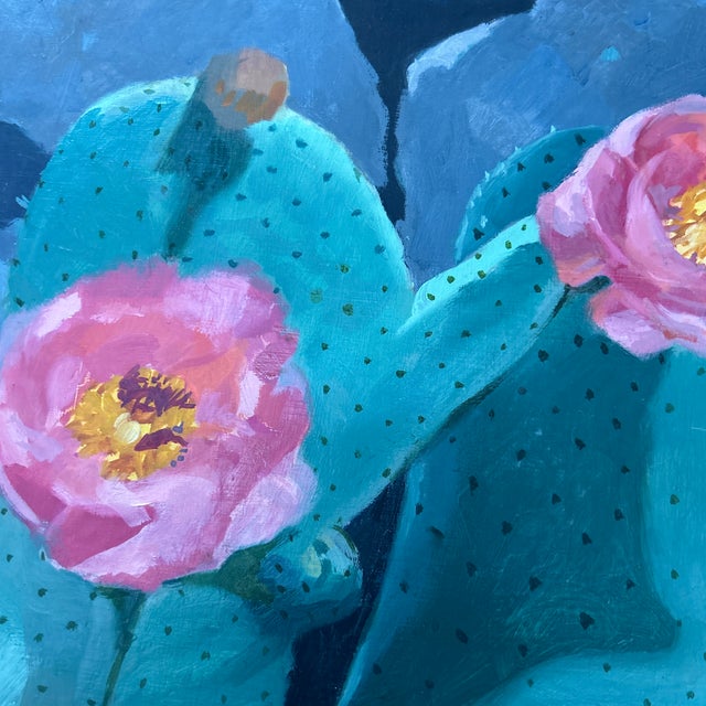 Contemporary original cactus in bloom still life painting. Signed and framed. Measures 16.5x12.5 framed. Check out my shop...