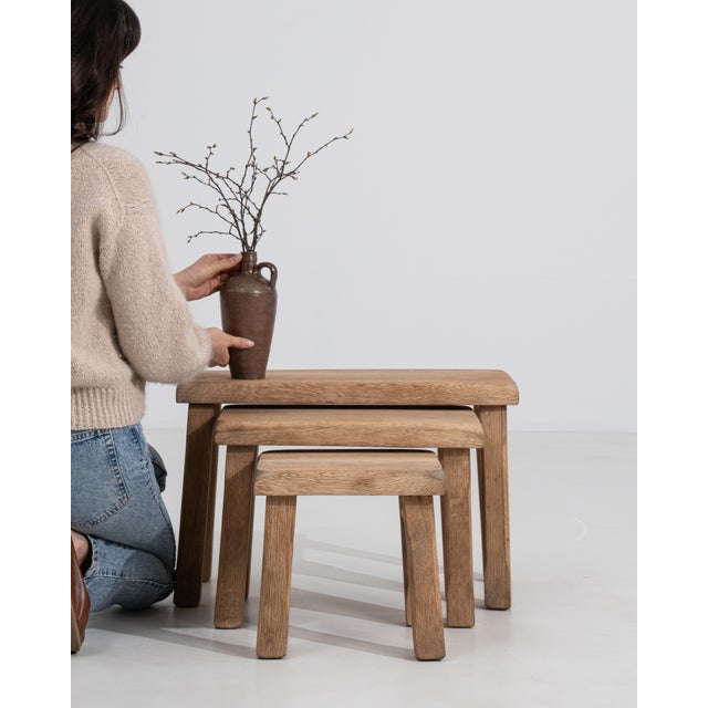 Set Of Three Oak Brutalist Nesting Tables For Sale In Greensboro - Image 6 of 9