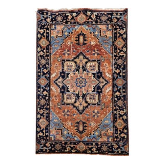 Antique Persian Heriz Serapi Rug, Hand-Knotted Wool, Geometric Pattern, Brick-Red & Blue, 3x3 For Sale