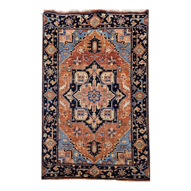 Antique Persian Heriz Serapi Rug, Hand-Knotted Wool, Geometric Pattern, Brick-Red & Blue, 3x3 For Sale