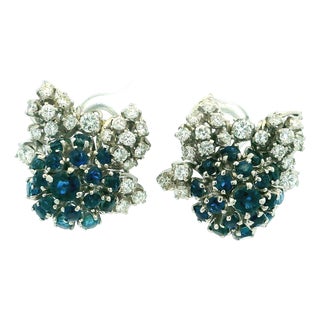 1970s Pair of Frantz Hingelberg Danish 14k Gold Sapphire and Diamond Floral Earrings For Sale
