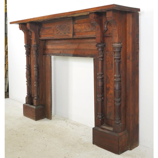 Antique Eastlake Burl Veneer Paneled Wood Fireplace Mantel For Sale - Image 4 of 14