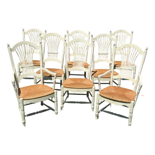 Late 20th Century Habersham French Country Wheat-Sheaf Rush-Seat Dining Chairs, Set of 8 For Sale