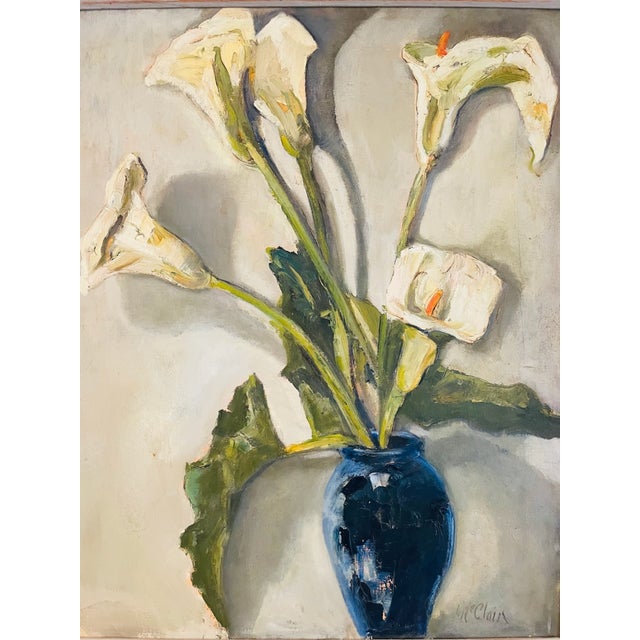 Mid-Century Modern 1950s Helen McClain Ojai California Still Life Calla Lily in Blue Pot Oil on Canvas Panel For Sale - Image 3 of 9