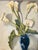 Mid-Century Modern 1950s Helen McClain Ojai California Still Life Calla Lily in Blue Pot Oil on Canvas Panel For Sale - Image 3 of 9