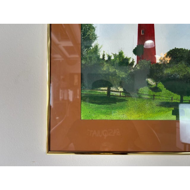 Green Vintage Lighthouse Landscape Watercolor Painting, Signed For Sale - Image 8 of 13