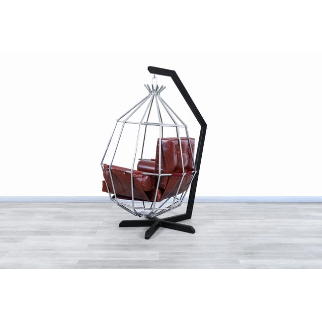 Metal Mid-Century Modern Swedish Leather "Perrot Cage" Swing Chair by Ib Arberg For Sale - Image 7 of 11