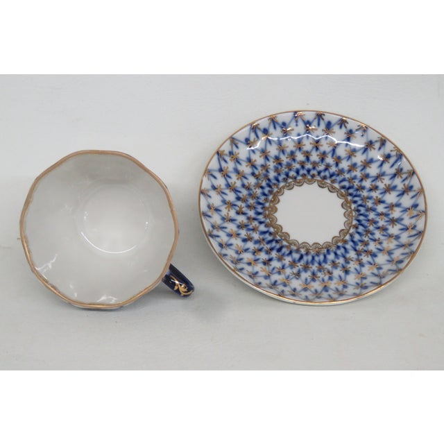 Mid 20th Century Lomonosov Demitasse Cobalt Net Blue Bone China Tea Cup and Saucer Set 4652b For Sale - Image 5 of 14
