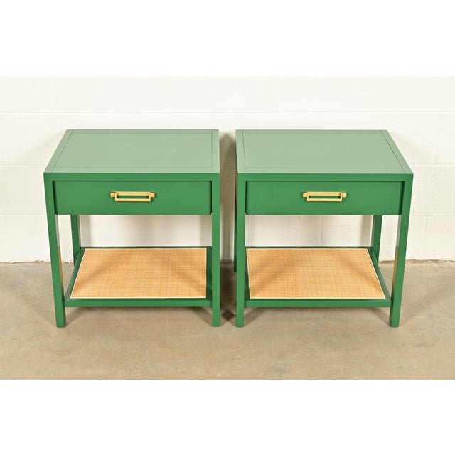 Mid-Century Modern Michael Taylor for Baker Furniture Mid-Century Hollywood Regency Green Lacquer and Cane Campaign Nightstands, Newly Refinished For Sale - Image 3 of 15