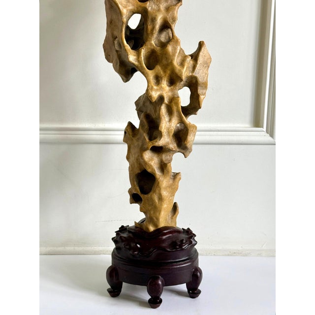 Tall Elegant Chinese Scholar Rock Yellow Taihu Stone on Wood Stand For Sale - Image 17 of 18