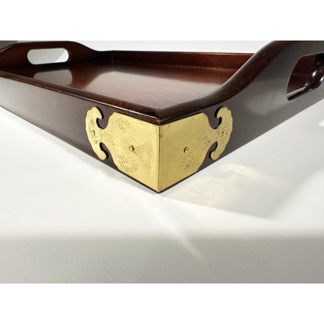 Brown Vintage Bombay Company Asian Style Serving Tray With Brass Corners For Sale - Image 8 of 11