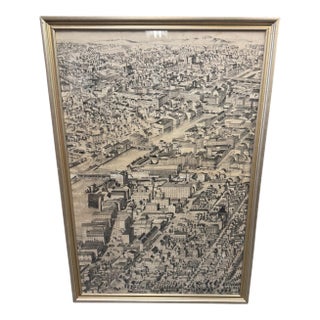 Vintage Framed Bird’s Eye View City Lithograph Print Panoramic Map Architectural For Sale