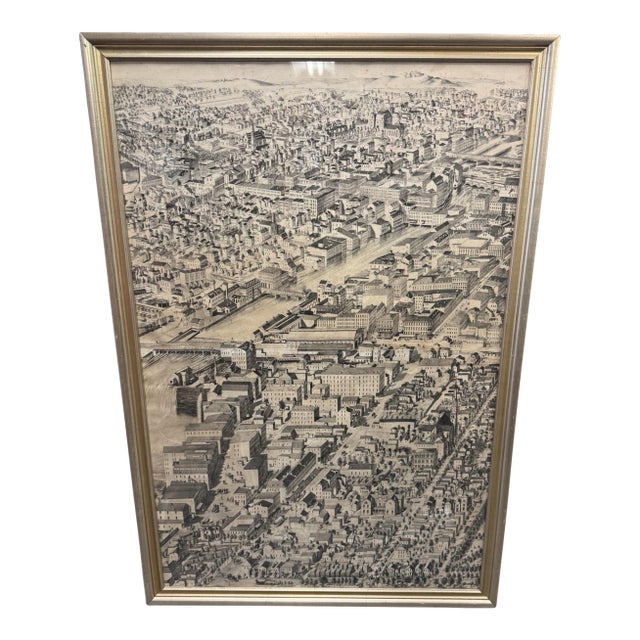 Vintage Framed Bird’s Eye View City Lithograph Print Panoramic Map Architectural For Sale