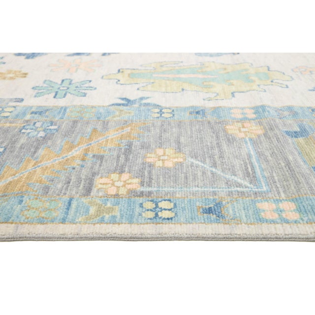Contemporary Hand-Knotted Floral Oushak Style Wool Rug in Beige For Sale - Image 4 of 9