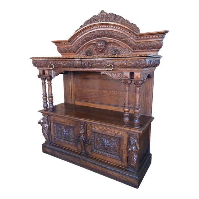 Late 19th Century Heavily Carved Oak Baroque Revival Sideboard Server With 2 Doors & 2 Drawers For Sale