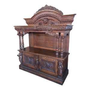 Late 19th Century Heavily Carved Oak Baroque Revival Sideboard Server With 2 Doors & 2 Drawers