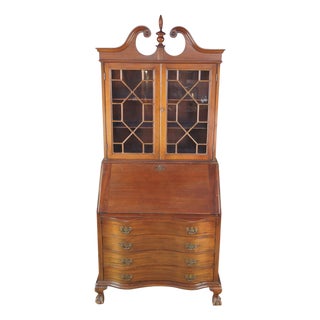 Antique Maddox Chippendale Mahogany Serpentine Secretary Writing Desk Bookcase For Sale