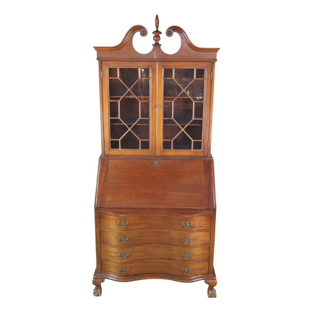 Antique Maddox Chippendale Mahogany Serpentine Secretary Writing Desk Bookcase For Sale