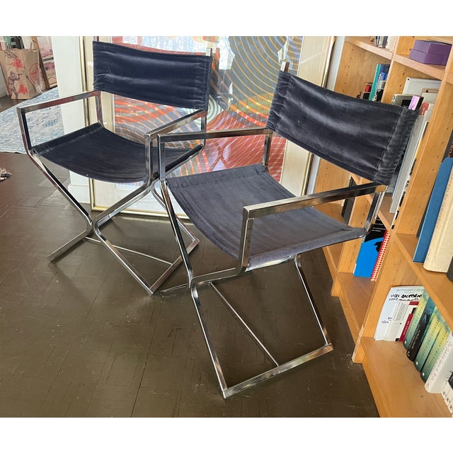 Virtue Mid Century Chrome Directors Chairs Glam Era in Black Velvet For Sale - Image 4 of 13