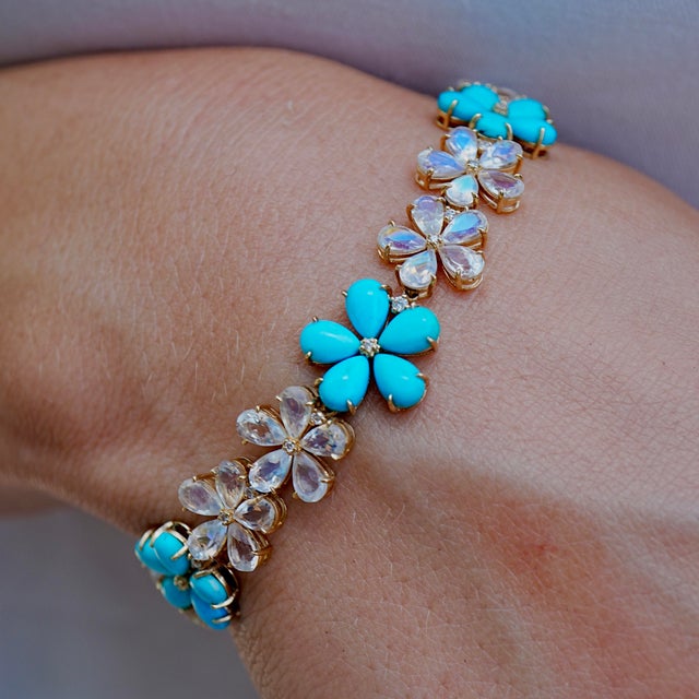 Nina Zhou Jewelry Nina Zhou Turquoise Moonstone Diamond Cherry Blossom Bracelet in 14k Yellow Gold For Sale - Image 4 of 7