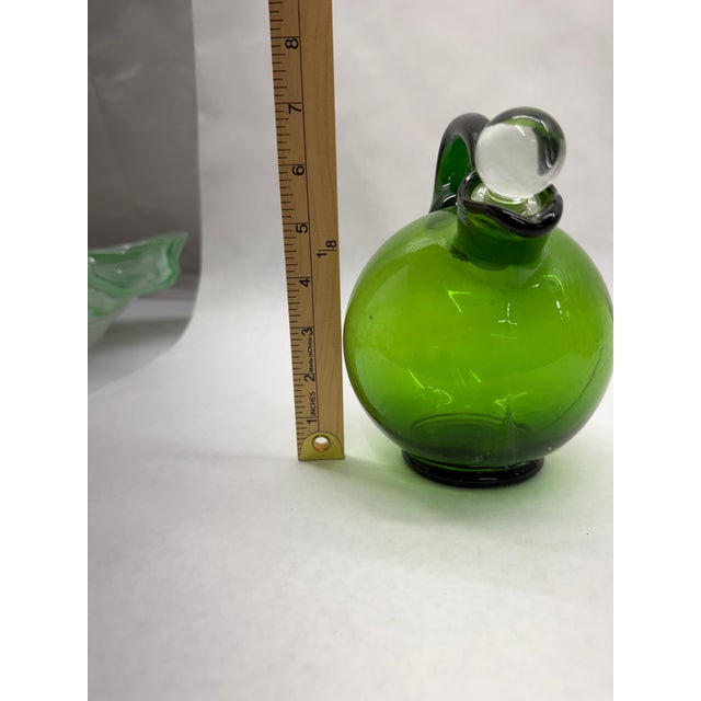 1960s Mid-Century Modern Hand-Blown Green Glass Globe Cruet Set With Stopper For Sale - Image 6 of 6