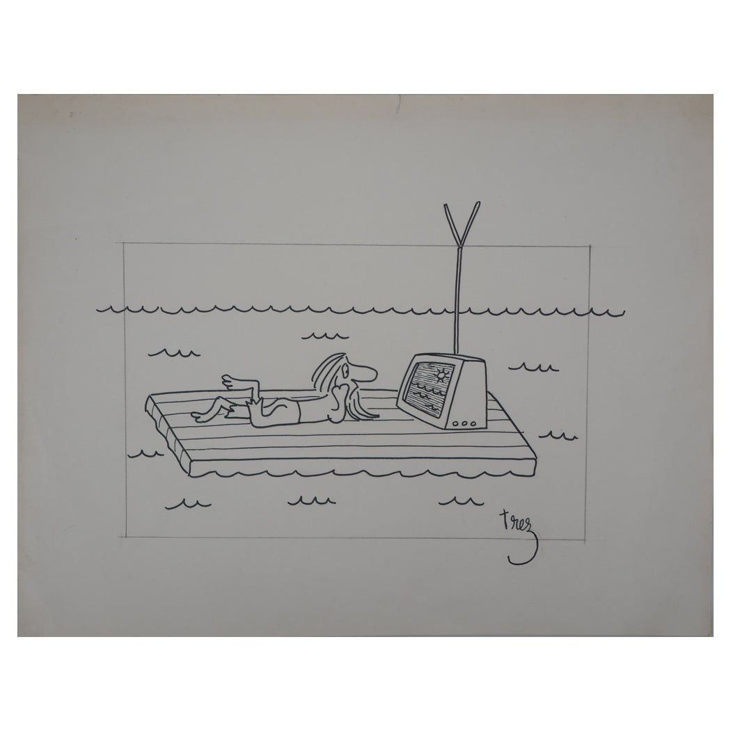 Alain Trez, Télé à la Mer, Mer à la Télé, Ink Drawing on Paper | Chairish