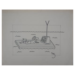 Alain Trez, Télé à la Mer, Mer à la Télé, Ink Drawing on Paper For Sale